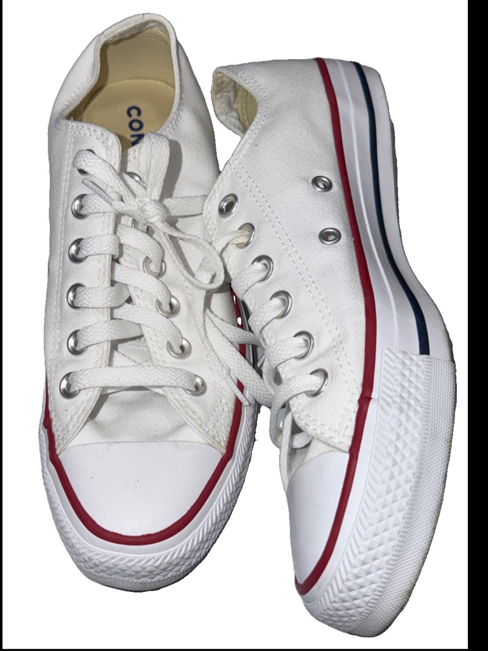 Converse White Sneakers Red Accents Low Tops Men’s 6, Women’s 8 Lace Up All Star